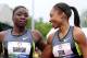 EUGENE, OR - JUNE 30: (L-R) Jeneba Tarmoh and Allyson Felix talk following the Women's 200 Meter Dash Final on day nine of the U.S. Olympic Track & Field Team Trials at the Hayward Field on June 30, 2012 in Eugene, Oregon. (Photo by Christian Petersen/Getty Images)