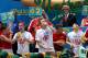 NEW YORK - JULY 4: Joey Chestnut of San Jose, California (C) and Takeru Kobayashi of Nagano, Japan (R) stuff hot dogs into their mouths during Nathan's Famous Fourth of July hot dog eating contest on July 4, 2009 in Coney Island in the Brooklyn borough of New York City. Chestnut defeated Kobayashi with eating 68 to his 64.5 hotdogs. Kobayashi won six previous competitions before tying last year with Chestnut. (Photo by Yana Paskova/Getty Images)
