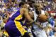 ORLANDO, FL - JUNE 14: Dwight Howard #12 of the Orlando Magic drives on Andrew Bynum #17 of the Los Angeles Lakers in the third quarter of Game Five of the 2009 NBA Finals on June 14, 2009 at Amway Arena in Orlando, Florida. NOTE TO USER: User expressly acknowledges and agrees that, by downloading and or using this photograph, User is consenting to the terms and conditions of the Getty Images License Agreement. (Photo by Ronald Martinez/Getty Images)