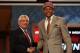 NEWARK, NJ - JUNE 28: Bradley Beal (R) of the Florida Gators greets NBA Commissioner David Stern (L) after he was selected number three overall by the Washington Wizards during the first round of the 2012 NBA Draft at Prudential Center on June 28, 2012 in Newark, New Jersey. NOTE TO USER: User expressly acknowledges and agrees that, by downloading and/or using this Photograph, user is consenting to the terms and conditions of the Getty Images License Agreement. (Photo by Elsa/Getty Images)