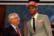 NEWARK, NJ - JUNE 28: Jeremy Lamb (R) of the Connecticut Huskies greets NBA Commissioner David Stern (L) after he was selected number twelve overall by the Houston Rockets during the first round of the 2012 NBA Draft at Prudential Center on June 28, 2012 in Newark, New Jersey. NOTE TO USER: User expressly acknowledges and agrees that, by downloading and/or using this Photograph, user is consenting to the terms and conditions of the Getty Images License Agreement. (Photo by Elsa/Getty Images)