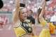 A cheerleader for the Iowa Hawkeyes in action during a game against the Ohio State Buckeyes at Ohio Stadium in Columbus, Ohio on Sept. 24, 2005. Ohio State won 31-6. (Photo by G. N. Lowrance/Getty Images)