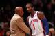 NEW YORK, NY - MAY 06: Amare Stoudemire #1 and head coach Mike Woodson of the New York Knicks talk on court against the Miami Heat in Game Four of the Eastern Conference Quarterfinals in the 2012 NBA Playoffs on May 6, 2012 at Madison Square Garden in New York City. NOTE TO USER: User expressly acknowledges and agrees that, by downloading and or using this photograph, User is consenting to the terms and conditions of the Getty Images License Agreement (Photo by Jeff Zelevansky/Getty Images)