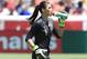 SANDY, UT - JUNE 30: Goalkeeper Hope Solo #1 of the USA takes a drink during a game against Canada during the second half of the women's Olympic send-off soccer match June 30, 2012 at Rio Tinto Stadium in Sandy, Utah. The USA beat Canada 2-1. (Photo by George Frey/Getty Images)