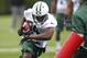 FLORHAM PARK, NJ - MAY 04: Stephen Hill #84 of the New York Jets works out during the Jets Rookie Minicamp on May 4, 2012 in Florham Park, New Jersey. (Photo by Jeff Zelevansky/Getty Images)