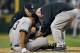 SEATTLE, WA - JULY 24: Alex Rodriguez #13 of the New York Yankees is tended to by manager Joe Girardi #28 (L) and a trainer after being hit with a pitch on the arm by starting pitcher Felix Hernandez of the Seattle Mariners at Safeco Field on July 24, 2012 in Seattle, Washington. Rodriguez was removed from the game. (Photo by Otto Greule Jr/Getty Images)