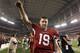 GLENDALE, AZ - JANUARY 01: Quarterback John Skelton #19 of the Arizona Cardinals celebrates as he walks off the field after defeating the Seattle Seahawks in overtime of the NFL game at the University of Phoenix Stadium on January 1, 2012 in Glendale, Arizona. The Cardinals defeated the Seahawks 23-20 in overtime. (Photo by Christian Petersen/Getty Images)
