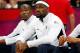 LONDON, ENGLAND - JULY 29: Kevin Durant #5 and LeBron James #6 of United States look on from the bench against France in the Men's Basketball Game on Day 2 of the London 2012 Olympic Games at the Basketball Arena on July 29, 2012 in London, England. (Photo by Jamie Squire/Getty Images)