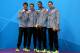 LONDON, ENGLAND - JULY 29: (L-R) Silver medallists Nathan Adrian, Michael Phelps, Cullen Jones and Ryan Lochte of the United States pose on the podium during the medal ceremony following the Men's 4 x 100m Freestyle Relay final on Day 2 of the London 2012 Olympic Games at the Aquatics Centre on July 29, 2012 in London, England. (Photo by Clive Rose/Getty Images)