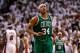 MIAMI, FL - JUNE 05: Paul Pierce #34 of the Boston Celtics reacts after he made a 3-point basket in the final minute of the fourt quarter to give the Celtics a 90-86 lead against the Miami Heat in Game Five of the Eastern Conference Finals in the 2012 NBA Playoffs on June 5, 2012 at American Airlines Arena in Miami, Florida. NOTE TO USER: User expressly acknowledges and agrees that, by downloading and or using this photograph, User is consenting to the terms and conditions of the Getty Images License Agreement. (Photo by Mike Ehrmann/Getty Images)
