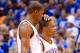 OKLAHOMA CITY, OK - JUNE 12: Kevin Durant #35 grabs the head of teammate Russell Westbrook #0 of the Oklahoma City Thunder in the fourth quarter in Game One of the 2012 NBA Finals at Chesapeake Energy Arena on June 12, 2012 in Oklahoma City, Oklahoma. NOTE TO USER: User expressly acknowledges and agrees that, by downloading and or using this photograph, User is consenting to the terms and conditions of the Getty Images License Agreement. (Photo by Ronald Martinez/Getty Images)