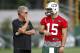CORTLAND, NY - JULY 27: Tim Tebow #15 of the New York Jets talks with special teams coordinator Mike Westhoff at Jets Training Camp at SUNY Cortland on July 27, 2012 in Cortland, New York. (Photo by Jeff Zelevansky/Getty Images)