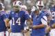 Nov 13, 2011; Arlington, TX, USA; Buffalo Bills quarterback Ryan Fitzpatrick (14) and head coach Chan Gailey on the sidelines during the game against the Dallas Cowboys at Cowboys Stadium. The Cowboys beat the Bills 44-7. Mandatory Credit: Tim Heitman-US PRESSWIRE