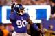 EAST RUTHERFORD, NJ - JANUARY 01: Jason Pierre-Paul #90 of the New York Giants reacts after a sack in the first quarter against the Dallas Cowboys at MetLife Stadium on January 1, 2012 in East Rutherford, New Jersey. (Photo by Rich Schultz/Getty Images)