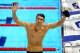 LONDON, ENGLAND - AUGUST 03: Michael Phelps of the United States celebrates winning the Mens 100m Butterfly Final on Day 7 of the London 2012 Olympic Games at the Aquatics Centre on August 3, 2012 in London, England. (Photo by Paul Gilham/Getty Images)