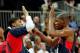 LONDON, ENGLAND - AUGUST 06: Kevin Durant #5 of United States high five Anthony Davis #14 against Argentina during the Men's Basketball Preliminary Round match on Day 10 of the London 2012 Olympic Games at the Basketball Arena on August 6, 2012 in London, England. (Photo by Christian Petersen/Getty Images)