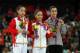 LONDON, ENGLAND - AUGUST 07: (L-R) Silver medalist Lu Sui of China, gold medalist Linlin Deng of China and bronze medalist Alexandra Raisman of the United States pose on the podium during the medal ceremony for the on Day 11 of the London 2012 Olympic Games at North Greenwich Arena on August 7, 2012 in London, England. (Photo by Ronald Martinez/Getty Images)