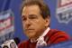 NEW ORLEANS, LA - JANUARY 06: Head Coach Nick Saban of the Alabama Crimson Tide talks to the media at the Mercedes-Benz Superdome on January 6, 2012 in New Orleans, Louisiana. LSU and Alabama will play in the BCS National Championship on January 9th. (Photo by Chris Graythen/Getty Images)