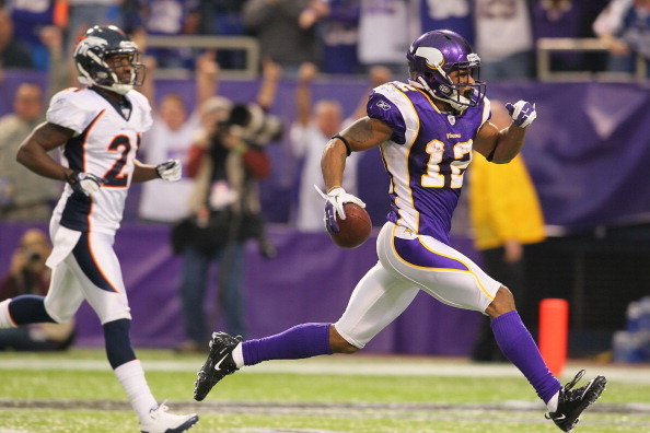 Minnesota Vikings first round draft pick wide receiver Percy Harvin during  NFL football training camp Sunday, Aug. 2, 2009 in Mankato, Minn., after it  was announced he had signed a contract. (AP