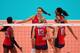 LONDON, ENGLAND - AUGUST 09: Logan Tom #15, Destinee Hooker #19, Christa Harmotto #13, Jordan Larson #10 and Foluke Akinradewo #16 of United States celebrate after a point against Korea during the Women's Volleyball semifinal match on Day 13 of the London 2012 Olympics Games at Earls Court on August 9, 2012 in London, England. (Photo by Elsa/Getty Images)