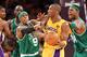 LOS ANGELES, CA - JUNE 17: Kobe Bryant #24 of the Los Angeles Lakers is double-teammed by Rajon Rondo #9 and Paul Pierce #34 of the Boston Celtics in the third quarter of Game Seven of the 2010 NBA Finals at Staples Center on June 17, 2010 in Los Angeles, California. NOTE TO USER: User expressly acknowledges and agrees that, by downloading and/or using this Photograph, user is consenting to the terms and conditions of the Getty Images License Agreement. (Photo by Ronald Martinez/Getty Images)