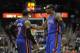 Apr 22, 2012; Atlanta, GA, USA; New York Knicks power forward Amare Stoudemire (1) talks with small forward Carmelo Anthony (7) during the second half against the Atlanta Hawks at Philips Arena. The Knicks won 113-112. Mandatory Credit: Paul Abell-US PRESSWIRE