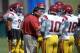 Apr 14, 2012; Los Angeles, CA, USA; Southern California Trojans defensive line coach Ed Orgeron talks with safety T.J. McDonald (7), linebacker Hayes Pullard (10) and linebacker Dion Bailey (18) in the 2012 spring game at the Los Angeles Memorial Coliseum. Mandatory Credit: Kirby Lee/Image of Sport-US PRESSWIRE