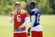 May 23, 2012; Lake Forest, IL, USA; Chicago Bears quarterback Jay Cutler (6) talks with receiver Brandon Marshall during organized team activities at Halas Hall. Mandatory Credit: Jerry Lai-US PRESSWIRE