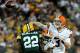 Aug 16, 2012; Green Bay, WI, USA; Cleveland Browns quarterback Brandon Weeden (3) gets a pass away as running back Montario Hardesty (20) blocks Green Bay Packers strong safety Jerron McMillian (22) at Lambeau Field. Mandatory Credit: Benny Sieu-US PRESSWIRE