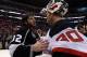 LOS ANGELES, CA - JUNE 11: Goaltenders Jonathan Quick #32 of the Los Angeles Kings and Martin Brodeur #30 of the New Jersey Devils share some words in the handshake line after Game Six of the 2012 Stanley Cup Final at Staples Center on June 11, 2012 in Los Angeles, California. The Kings defeated the Devils 6-1 in Game Six to win the Stanley Cup Final series 4-2. (Photo by Bruce Bennett/Getty Images)