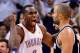 OKLAHOMA CITY, OK - JUNE 06: Serge Ibaka #9 of the Oklahoma City Thunder reacts after a play as Tony Parker #9 and Manu Ginobili #20 of the San Antonio Spurs look on in Game Six of the Western Conference Finals of the 2012 NBA Playoffs at Chesapeake Energy Arena on June 6, 2012 in Oklahoma City, Oklahoma. NOTE TO USER: User expressly acknowledges and agrees that, by downloading and or using this photograph, User is consenting to the terms and conditions of the Getty Images License Agreement. (Photo by Ronald Martinez/Getty Images)