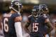 CHICAGO, IL - AUGUST 18: Brandon Marshall #15 and Jay Cutler #6 of the Chicago Bears wait during a time out against the Washington Redskins during a preseason game at Soldier Field on August 18, 2012 in Chicago, Illinois. (Photo by Jonathan Daniel/Getty Images)