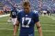 Oct 9, 2011; Indianapolis, IN, USA; Indianapolis Colts wide receiver Austin Collie (17) walks off the field dejected after losing to the Kansas City Chiefs at Lucas Oil Stadium. Kansas City defeated Indianapolis 28-24. Mandatory Credit: Brian Spurlock-US PRESSWIRE