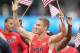 EUGENE, OR - JUNE 28: Nick Symmonds displays the new Nike team outfits as he waves to fans on day seven of the U.S. Olympic Track & Field Team Trials at the Hayward Field on June 28, 2012 in Eugene, Oregon. (Photo by Christian Petersen/Getty Images)