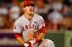 FOXBORO, MA - AUGUST 21: Mike Trout #27 of the Los Angeles Angels reacts after he was called out on a steal attempt against the Boston Red Sox at Fenway Park on August 21, 2012 in Boston, Massachusetts. (Photo by Jim Rogash/Getty Images)