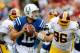 LANDOVER, MD - AUGUST 25: Andrew Luck #12 of the Indianapolis Colts drops back to throw a pass against the Washington Redskins during a preseason game at FedExField on August 25, 2012 in Landover, Maryland. (Photo by Patrick McDermott/Getty Images)
