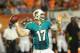 Aug. 24, 2012; Miami, FL, USA; Miami Dolphins quarterback Ryan Tannehill (17) throws a pass during a game against the Atlanta Falcons at Sun Life Stadium. Mandatory Credit: Steve Mitchell-US PRESSWIRE