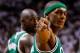 MIAMI, FL - JUNE 09: Rajon Rondo #9 of the Boston Celtics points in the fourth quarter while taking on the Miami Heat in Game Seven of the Eastern Conference Finals in the 2012 NBA Playoffs on June 9, 2012 at American Airlines Arena in Miami, Florida. NOTE TO USER: User expressly acknowledges and agrees that, by downloading and or using this photograph, User is consenting to the terms and conditions of the Getty Images License Agreement. (Photo by Mike Ehrmann/Getty Images)
