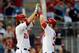 WASHINGTON, DC - AUGUST 30: Bryce Harper #34 celebrates with Jayson Werth #28 of the Washington Nationals after hitting a two run home run in the first inning against the St. Louis Cardinals at Nationals Park on August 30, 2012 in Washington, DC. (Photo by Patrick McDermott/Getty Images)