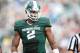 September 24, 2011; East Lansing, MI, USA; Michigan State Spartans linebacker William Gholston (2) looks over the Central Michigan Chippewas offense during the 2nd half at Spartan Stadium. Michigan State won 45-7. Mandatory Credit: Mike Carter-US PRESSWIRE