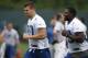 May 4, 2012; Indianapolis, IN, USA; Indianapolis Colts tight ends Coby Fleener (80) and Dwayne Allen (83) run during minicamp at the Indiana Farm Bureau Football Center. Mandatory Credit: Brian Spurlock-US PRESSWIRE