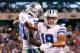 EAST RUTHERFORD, NJ - SEPTEMBER 05: wide receiver Miles Austin #19 of the Dallas Cowboys celebrates after scoring a touchdown in the fourth quarter with teammate wide receiver Dez Bryant #88 against the New York Giants during the 2012 NFL season opener at MetLife Stadium on September 5, 2012 in East Rutherford, New Jersey. (Photo by Jeff Zelevansky/Getty Images)