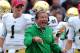 Sep 1, 2012; Dublin, IRELAND; Notre Dame Fighting Irish head coach Brian Kelly yells from the sideline in the third quarter against the Navy Midshipmen at Aviva Stadium. Notre Dame won 50-10. Mandatory Credit: Matt Cashore-US PRESSWIRE