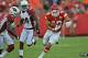KANSAS CITY, MO - AUGUST 10: Running back Peyton Hillis #40 of the Kansas City Chiefs rushes for a first down against the Arizona Cardinals during the first half on August 10, 2012 at Arrowhead Stadium in Kansas City, Missouri. (Photo by Peter Aiken/Getty Images)