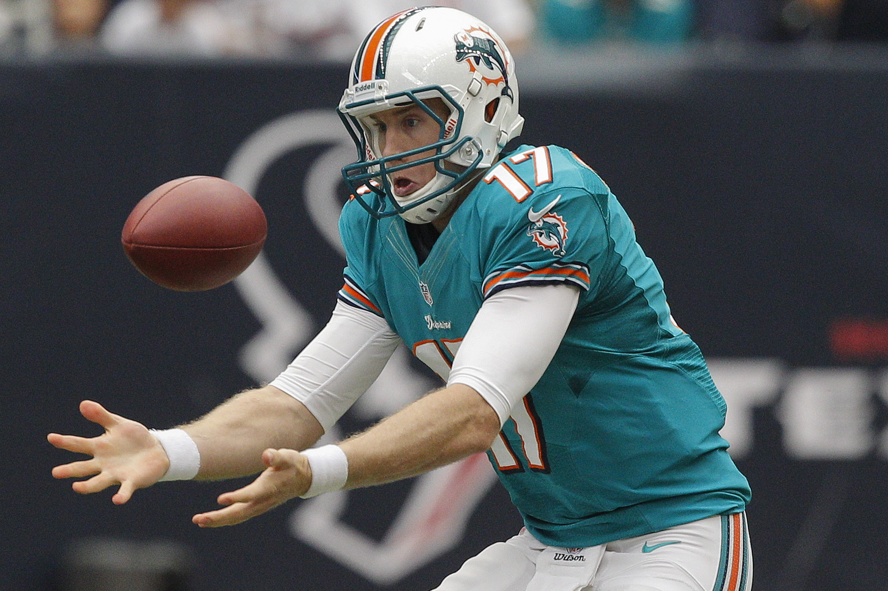 The Miami Dolphins' rookie quarterback Ryan Tannehill (17) during rookie  camp practice at the team's practice facility in Davie, Florida, on Friday,  May 4, 2012. (Photo by Al Diaz/Miami Herald/MCT/Sipa USA Stock