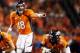 September 9, 2012; Denver, CO, USA; Denver Broncos quarterback Peyton Manning (18) directs his team during the fourth quarter against the Pittsburgh Steelers at Sports Authority Field at Mile High. The Broncos won 31-19. Mandatory Credit: Chris Humphreys-US PRESSWIRE