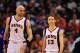 Mar. 16, 2012; Phoenix, AZ, USA; Phoenix Suns center (4) Marcin Gortat and guard (13) Steve Nash during game against the Detroit Pistons at the US Airways Center. The Suns defeated the Pistons 109-101. Mandatory Credit: Mark J. Rebilas-US PRESSWIRE