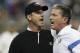 DETROIT - OCTOBER 16: Jim Harbaugh head coach of the San Francisco 49ers argues with Jim Schwartz of the Detroit Lions during the NFL game at Ford Field on October 16, 2011 in Detroit, Michigan. The 49ers defeated the Lions 25-19. (Photo by Leon Halip/Getty Images)