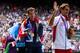 LONDON, ENGLAND - AUGUST 05: Silver medalist Roger Federer (R) of Switzerland and gold medalist Andy Murray (C) of Great Britain and bronze medalist Juan Martin Del Potro of Argentina celebrate during the medal ceremony for the Men's Singles Tennis match on Day 9 of the London 2012 Olympic Games at the All England Lawn Tennis and Croquet Club on August 5, 2012 in London, England. Murray defeated Federer in the gold medal match in straight sets 2-6, 1-6, 4-6. (Photo by Clive Brunskill/Getty Images)