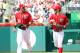 WASHINGTON, DC - SEPTEMBER 8: Michael Morse #38 and Bryce Harper #34 of the Washington Nationals speak while returning to the dugout against the Miami Marlins at Nationals Park on September 8, 2012 in Washington, DC. The Nationals won 7-6. (Photo by Ned Dishman/Getty Images)